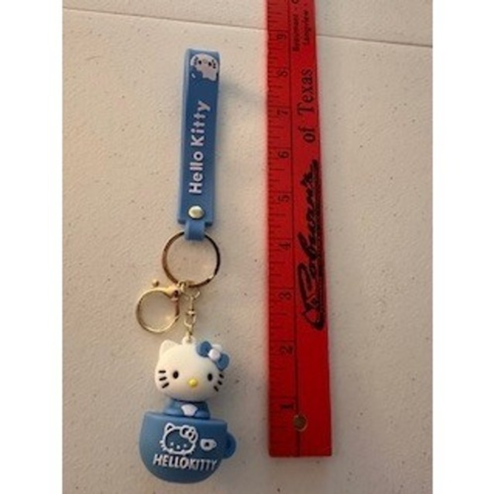 Sanrio Hello Kitty Blue Teacup 3D Figural Keychain with Wrist Strap Gold Tone